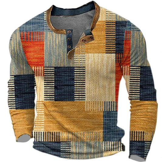 Men's Vintage Geometric Patchwork Henley Shirt | Long Sleeve
