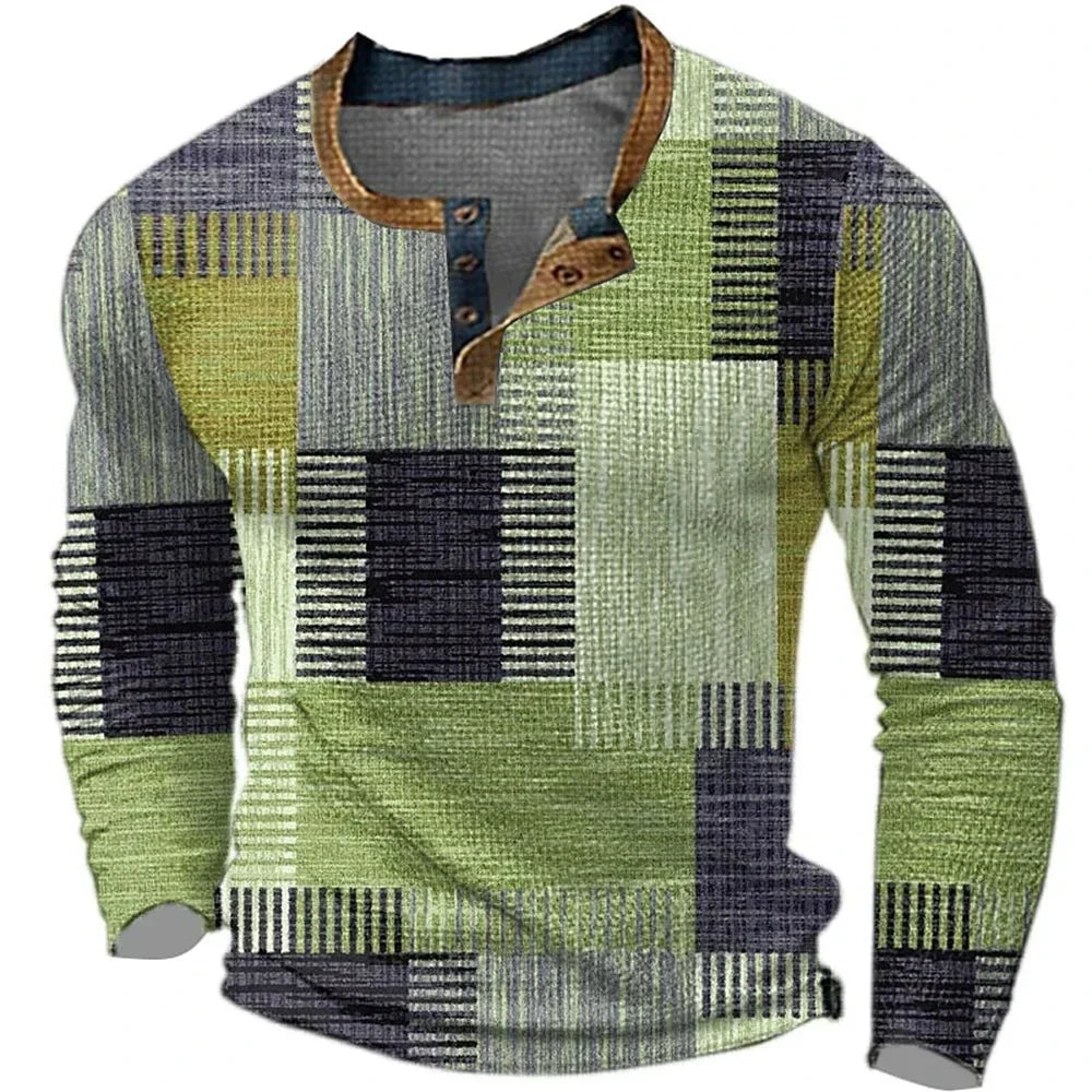 Men's Vintage Geometric Patchwork Henley Shirt | Long Sleeve