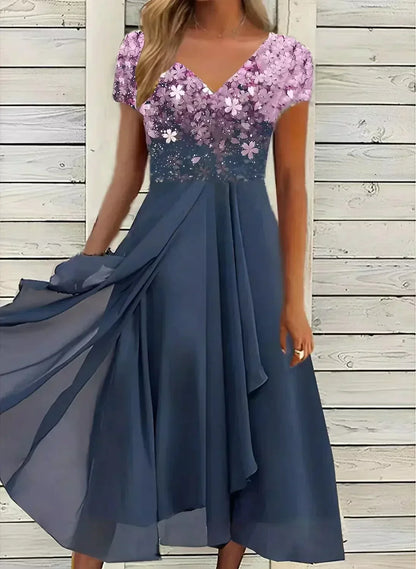 Women's V-Neck Evening Dress | Short Sleeve