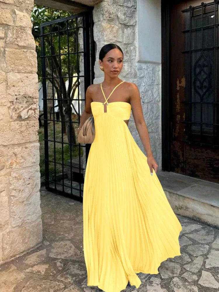 Women's Pleated Halter Neck Dress | Maxi