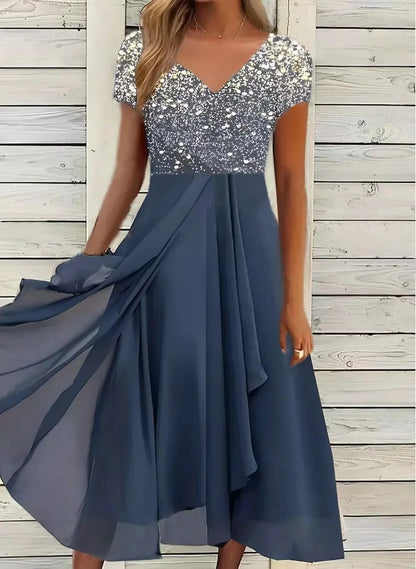 Women's V-Neck Evening Dress | Short Sleeve