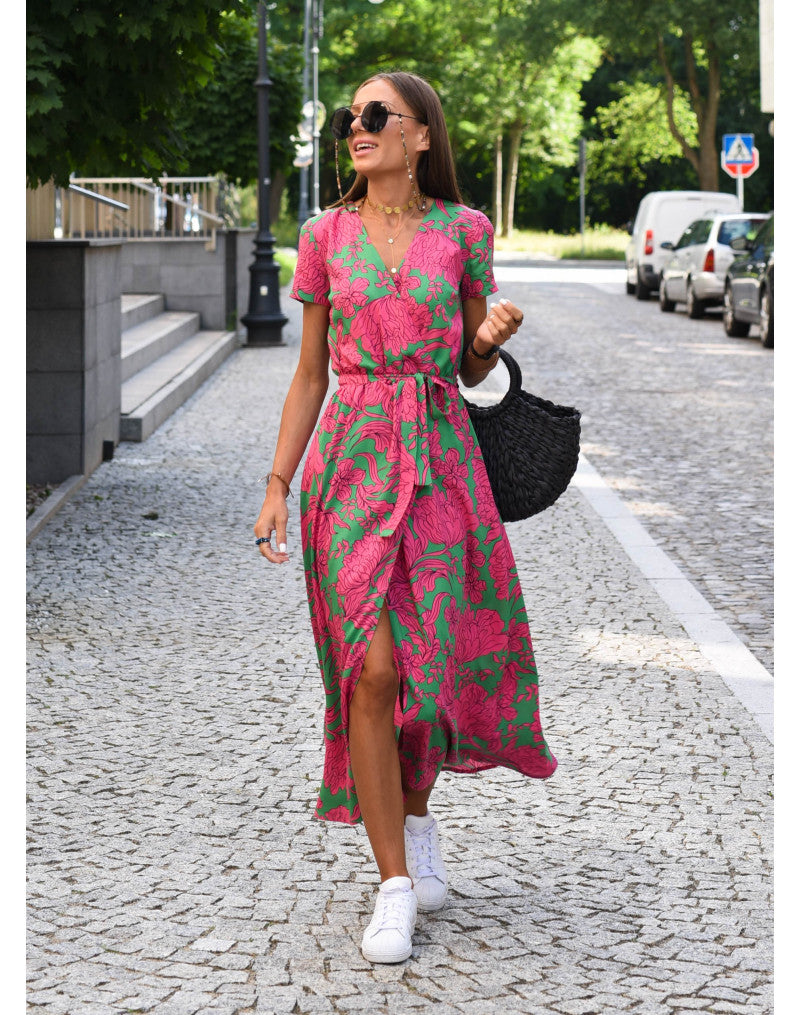 Women's V-Neck Short Sleeve Wrap Dress | Midi