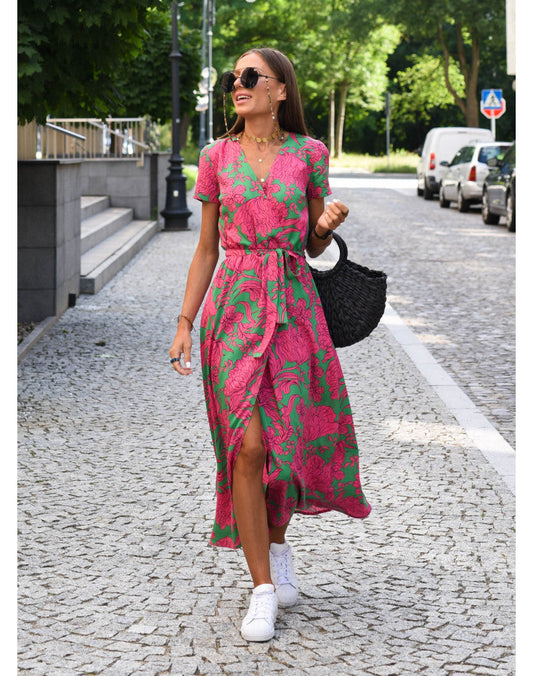 Women's V-Neck Short Sleeve Wrap Dress | Midi