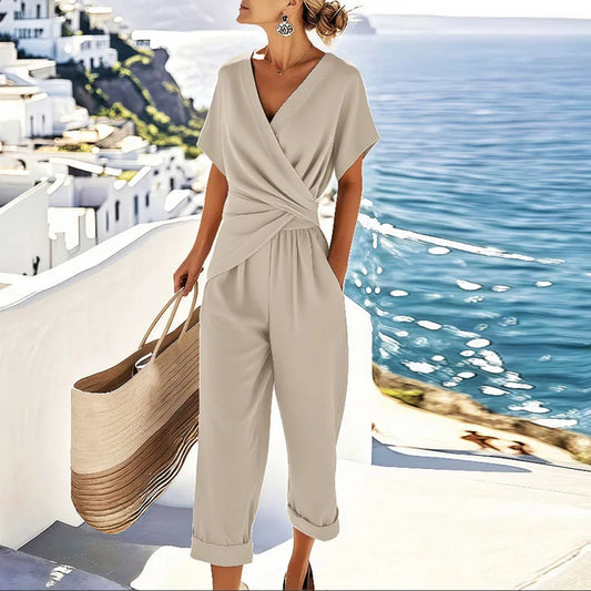 Women's Summer 2-Piece Set | V-Neck Top and Cropped Trousers