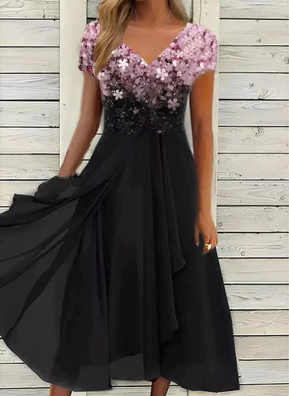 Women's V-Neck Evening Dress | Short Sleeve