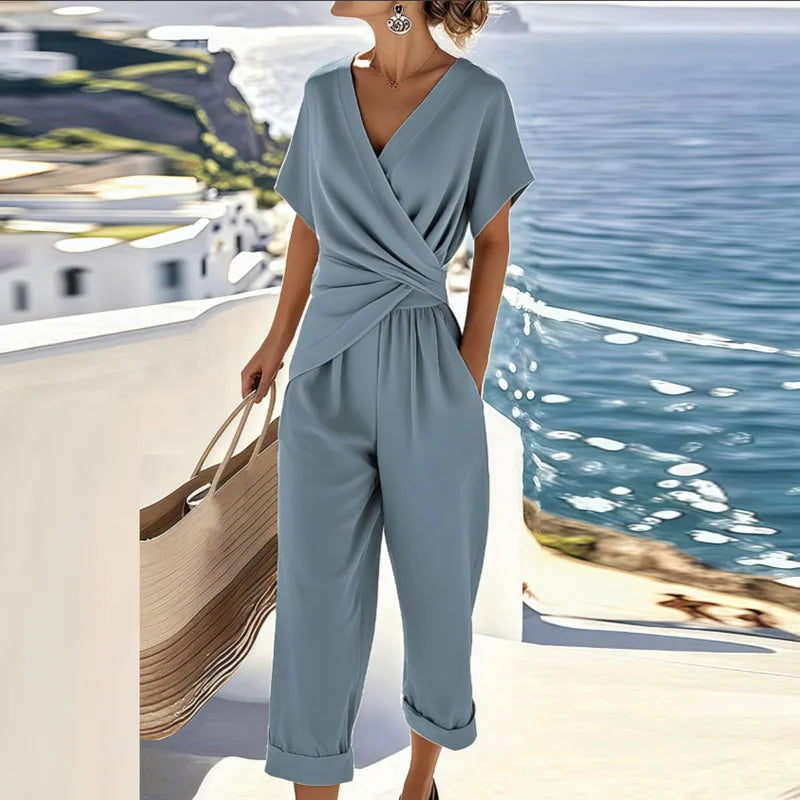Women's Summer 2-Piece Set | V-Neck Top and Cropped Trousers