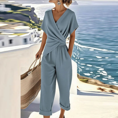 Women's Summer 2-Piece Set | V-Neck Top and Cropped Trousers