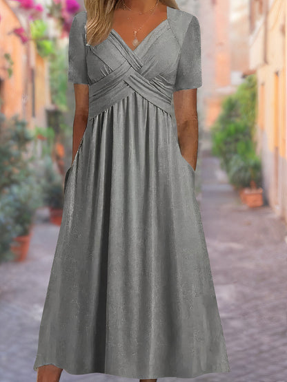Women’s Casual V-Neck A-Line Midi Dress | with Pockets