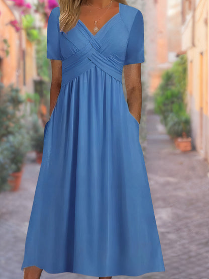 Women’s Casual V-Neck A-Line Midi Dress | with Pockets