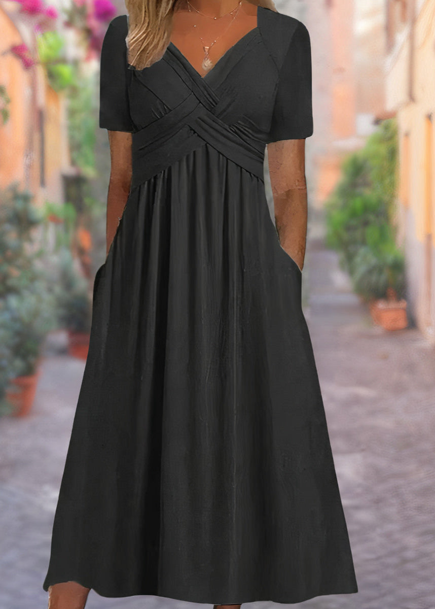 Women’s Casual V-Neck A-Line Midi Dress | with Pockets