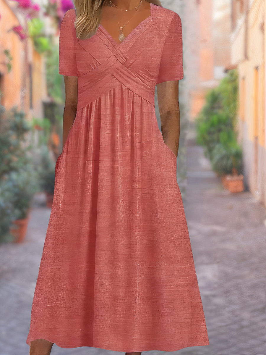 Women’s Casual V-Neck A-Line Midi Dress | with Pockets