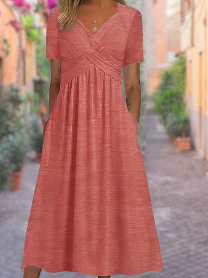 Women’s Casual V-Neck A-Line Midi Dress | with Pockets