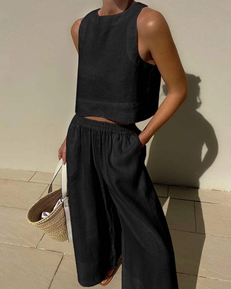 Women's Two-Piece Casual Matching Set | Cropped Top and Wide-Leg Trousers
