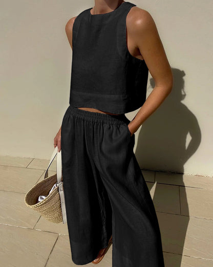 Women's Two-Piece Casual Matching Set | Cropped Top and Wide-Leg Trousers