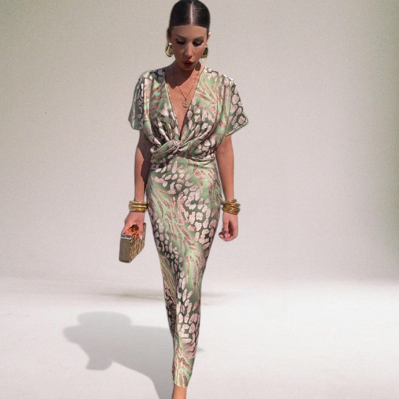 Women's Twisted Front Abstract Print Maxi Dress | V-Neck
