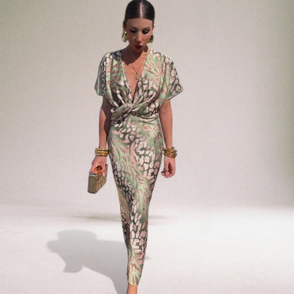 Women's Twisted Front Abstract Print Maxi Dress | V-Neck