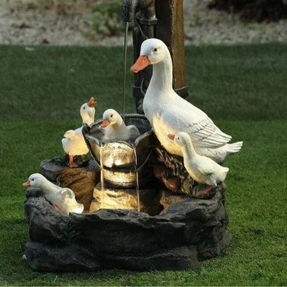 Solar Decorative Fountain with Duck and Squirrel | Garden Figure Featuring LED Light | Weatherproof Resin | Ideal for Terrace and Balcony