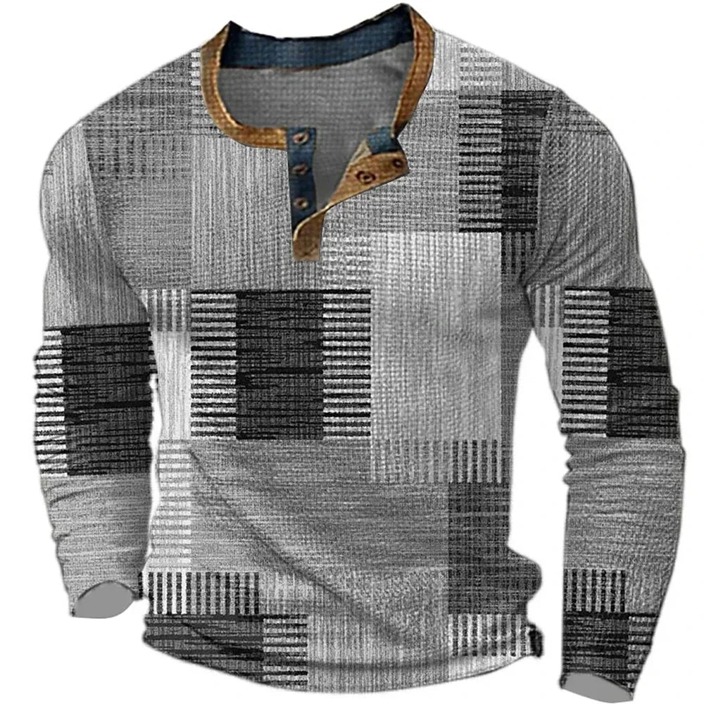 Men's Vintage Geometric Patchwork Henley Shirt | Long Sleeve