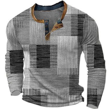 Men's Vintage Geometric Patchwork Henley Shirt | Long Sleeve