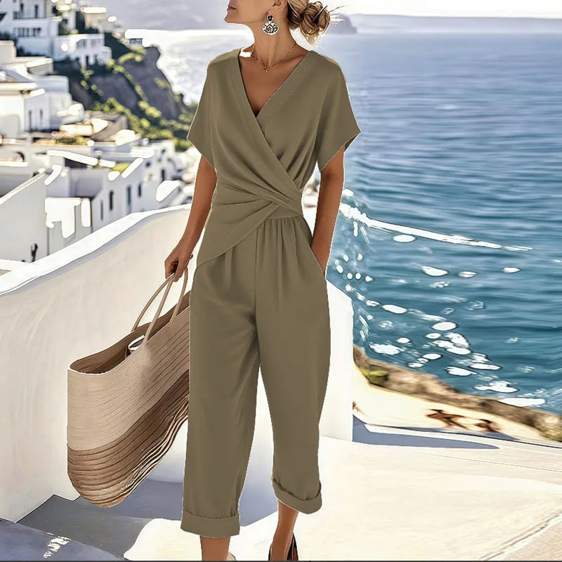 Women's Summer 2-Piece Set | V-Neck Top and Cropped Trousers