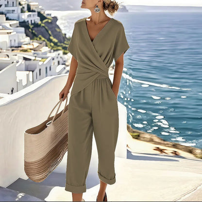 Women's Summer 2-Piece Set | V-Neck Top and Cropped Trousers