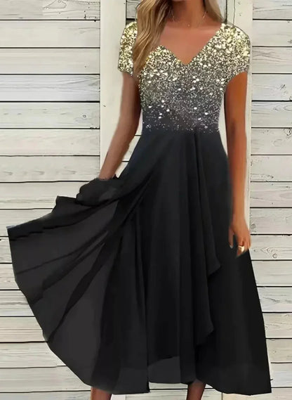 Women's V-Neck Evening Dress | Short Sleeve