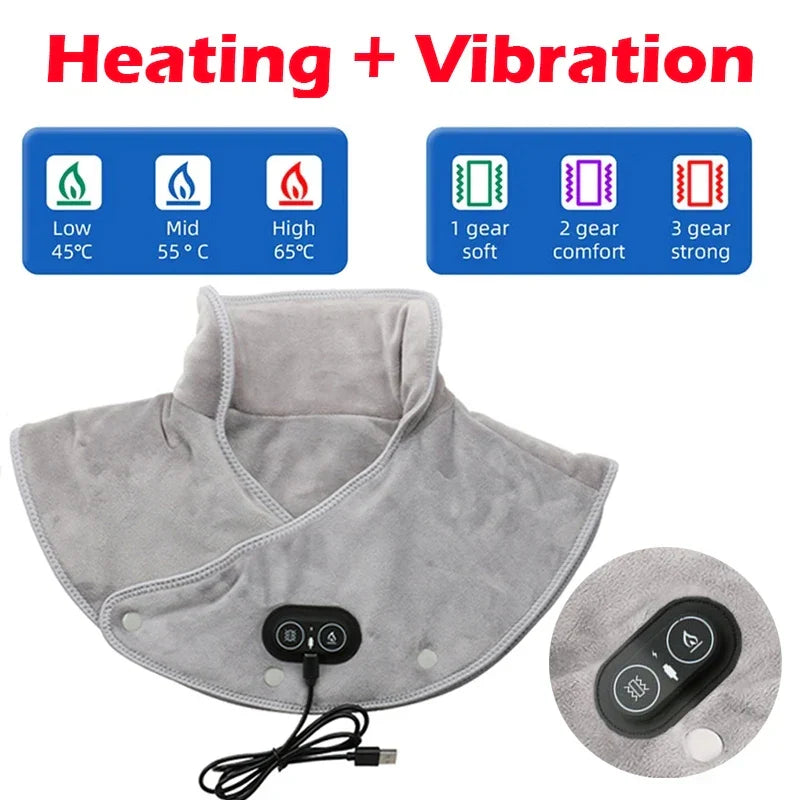 Heat Neck & Shoulder Massager | USB Heating Pad with Vibration | 3 Temperature Settings & Timer | Soft Plush Design