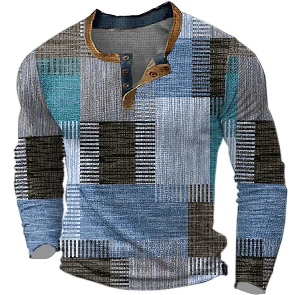 Men's Vintage Geometric Patchwork Henley Shirt | Long Sleeve