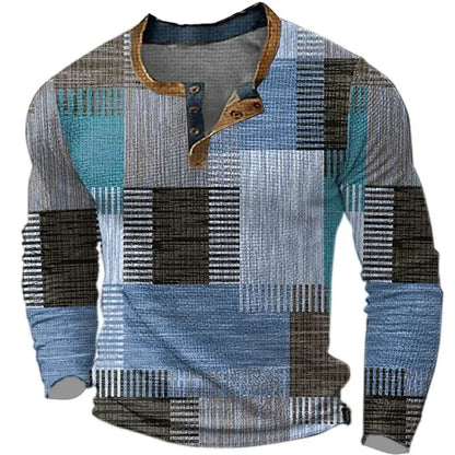 Men's Vintage Geometric Patchwork Henley Shirt | Long Sleeve