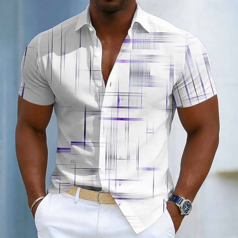 Men's Casual Abstract Line Art Button Up Shirt | Short Sleeve