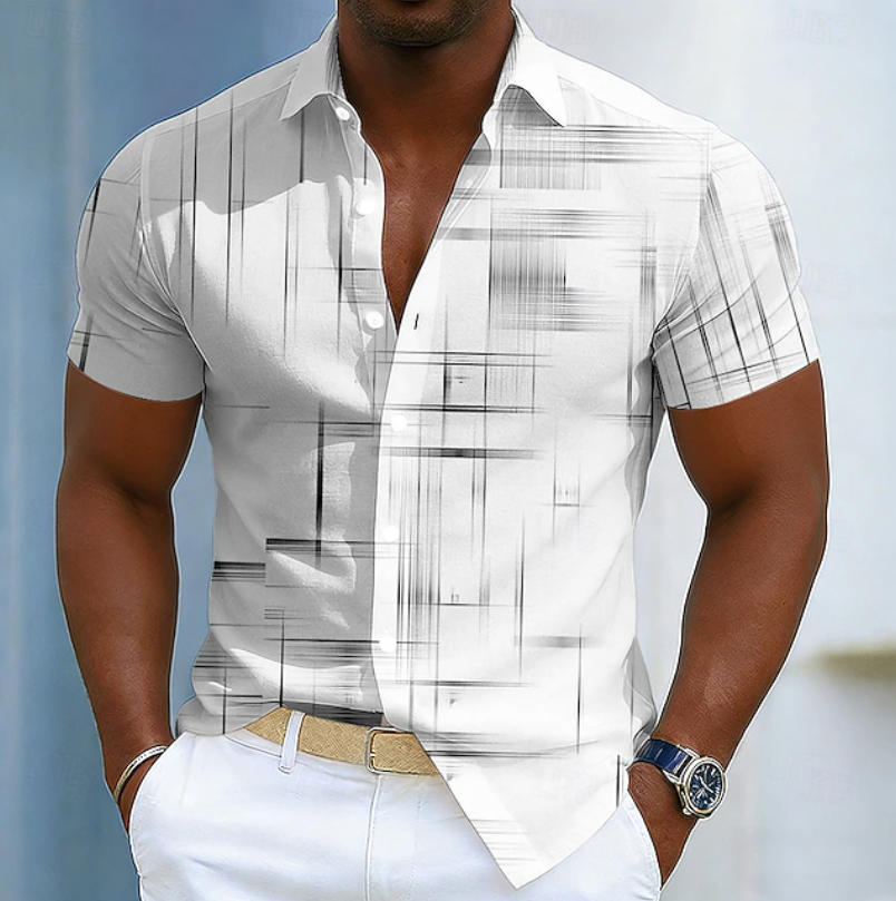 Men's Casual Abstract Line Art Button Up Shirt | Short Sleeve