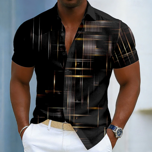 Men's Casual Abstract Line Art Button Up Shirt | Short Sleeve
