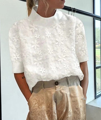 Women's Floral Pattern Short Sleeve Top | with Stand Collar