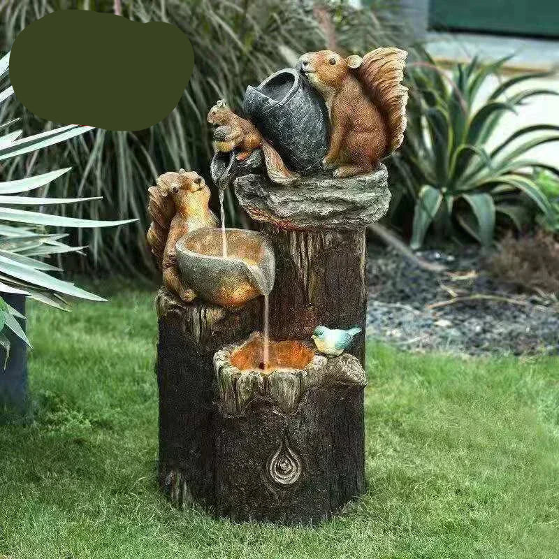 Solar Decorative Fountain with Duck and Squirrel | Garden Figure Featuring LED Light | Weatherproof Resin | Ideal for Terrace and Balcony