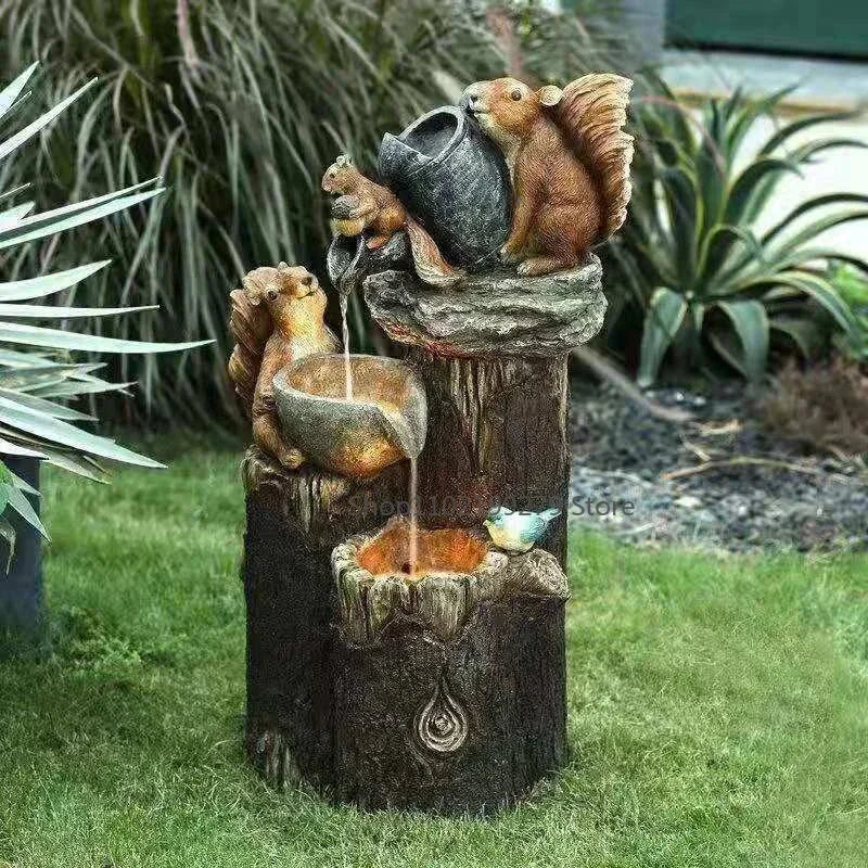 Solar Decorative Fountain with Duck and Squirrel | Garden Figure Featuring LED Light | Weatherproof Resin | Ideal for Terrace and Balcony