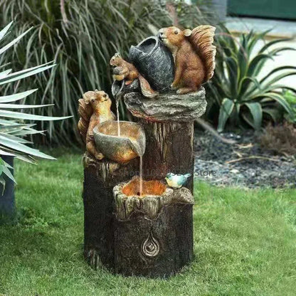 Solar Decorative Fountain with Duck and Squirrel | Garden Figure Featuring LED Light | Weatherproof Resin | Ideal for Terrace and Balcony