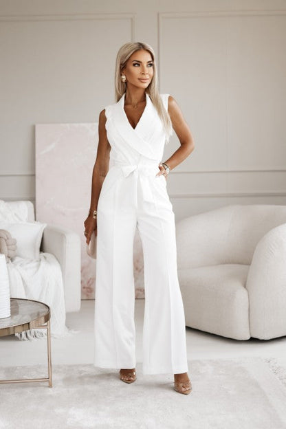 Women's Sleeveless Revers Collar Wide Leg Jumpsuit | with Belt