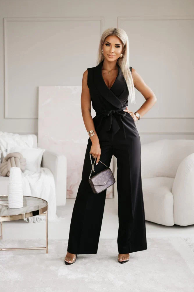 Women's Sleeveless Revers Collar Wide Leg Jumpsuit | with Belt