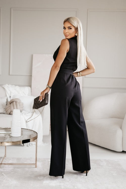 Women's Sleeveless Revers Collar Wide Leg Jumpsuit | with Belt