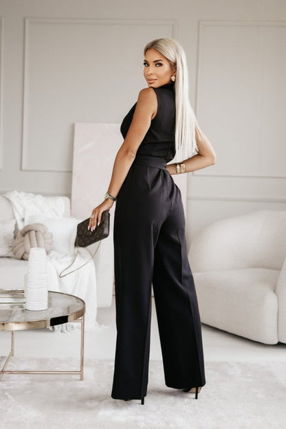 Women's Sleeveless Revers Collar Wide Leg Jumpsuit | with Belt