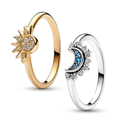 Women's 2-Piece Stackable Sun and Moon Ring Set | Gold and Silver Tone