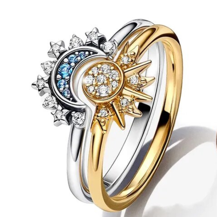 Women's 2-Piece Stackable Sun and Moon Ring Set | Gold and Silver Tone