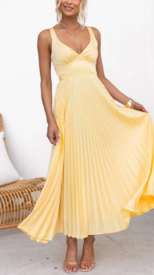 Women's Yellow V-Neck Pleated Maxi Dress | Sleeveless
