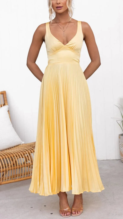 Women's Yellow V-Neck Pleated Maxi Dress | Sleeveless