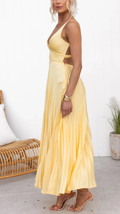 Women's Yellow V-Neck Pleated Maxi Dress | Sleeveless