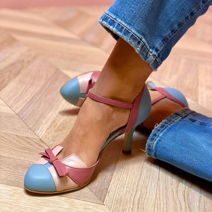 Women's Retro Colorblock Ankle Strap Heels | with Bow Detail
