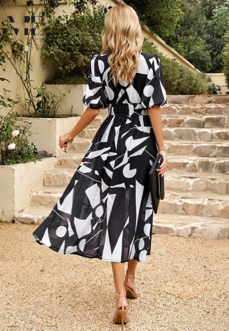 Women’s Floral V-Neck Midi Dress | with Short Puff Sleeve
