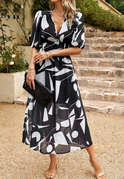 Women’s Floral V-Neck Midi Dress | with Short Puff Sleeve