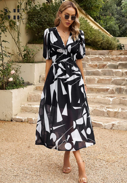 Women’s Floral V-Neck Midi Dress | with Short Puff Sleeve