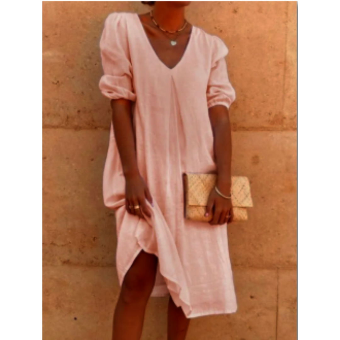 Women's V-Neck Midi Summer Dress | with Puff Sleeves